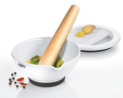 Produktbild von GEFU SURI, Walnuss, Weiß, Porzellan, Teak wood, Mörtel & Stößel, 125 mm, 57 mm, 140 mm