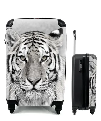 Produktbild von MuchoWow® Koffer Handgepäck Trolley Rollkoffer Kleine Reisekoffer mit 4 Rollen - Tiger - Natur - Schwarz - Weiß - Cabin Size < 55x40x23 cm & 55x40x20 cm - Fotokoffer - Kabinenkoffer - Boardgepäck - Reise-Box - Reisekoffer - Reisegepäck - Koffer mit Bild - Trolley für Kinder