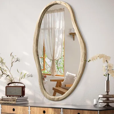 Imagen del producto de Espejo de pared asimétrico con marco de madera, 90x60 cm, ideal para baños y salones