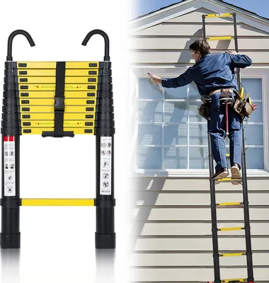 Obrázok produktu pre Fiqops teleskopický rebrík s hákmi Výsuvný rebrík do 150 kg Robustný hliníkový rebrík čierny+žltý 3,2 m