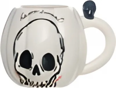 Produktbild von Weiße Halloween Kürbis Tasse mit schwarzem Totenschädel