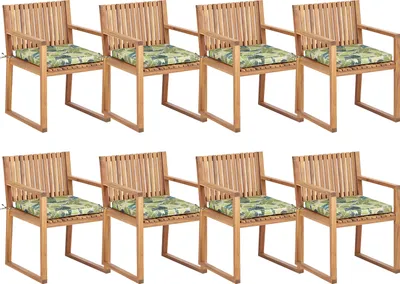 Produktbild von BELIANI Gartenstuhl 8er Set Hellbraun es Akazienholz mit Sitzkissen Grün Blättermuster Armlehnen Lamellen-Optik Kufen Rustikal Holzstuhl