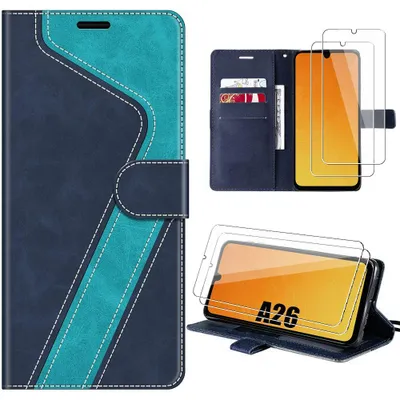Image de Coque + 2 Verres Trempés pour Samsung Galaxy A26 5G, Protection Rabat Effet Cuir Anti-Rayures Bleu