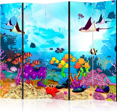 A colorful underwater scene with various sea creatures and coral.