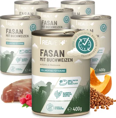 Produktbild von REAVET Premium Hunde Nassfutter - Fasan an Buchweizen & Himbeeren 6 x 400g I mit hohem Fleischanteil & viel Muskelfleisch, Getreidefrei, Hundefutter nass, ohne Zucker