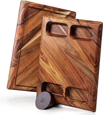 Produktbild von Famanu Schneidebrett aus Akazienholz - große, doppelseitige Küchenplatte mit Saftgrube und 4 Schalen - 43 x 33 x 3,8 cm