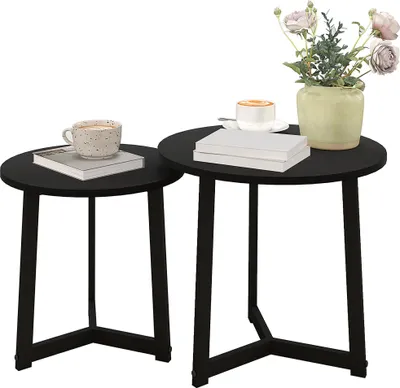 Produktbild von Moderner Couchtisch als 2er-Set, Metallrahmen, MDF, Rundes Design, ineinander verschiebbar, Schwarz