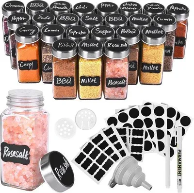 Produktbild von Famanu Gewürzbehälter quadratisch 120 ml - 12 Stück mit Etiketten und Trichter