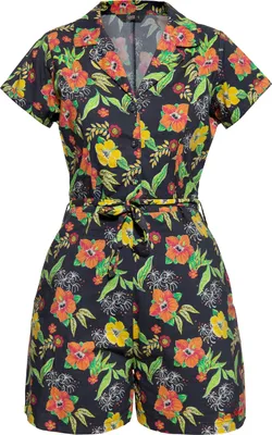 Produktbild von QUEEN KEROSIN Kurzer Blusen Jumpsuit Mit Tropischem All-Over-Print Hibiscus Black Schwarz M