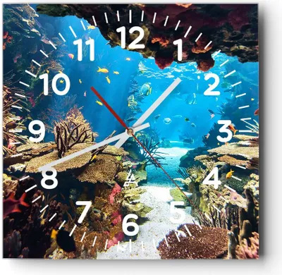 Produktbild von Wanduhr - Quadrat - Glasuhr - Ozean Riff Fische Koralle - 30x30cm - Schleichendes Uhrwerk - Lautlos - zum Aufhängen bereit - Dekoration Modern - Wanddekoration aus Glas - C4AC30x30-2872