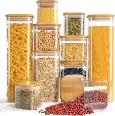 Produktbild von Glasvorratsgläser mit Deckel, 10er-Set, quadratische Vorratsgläser, 2500 ml/1500 ml/750 ml/350 ml, große Vorratsbehälter, luftdichte Glasbehälter, Küche