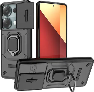 A black phone case with a sliding camera cover and a ring holder is displayed next to a smartphone.
