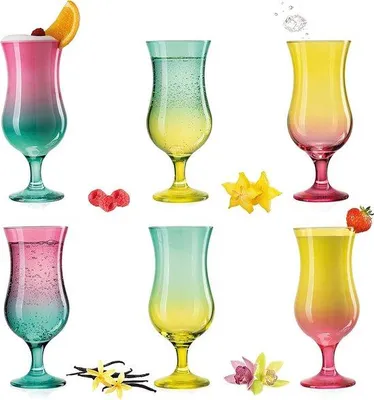 Obrázok produktu pre Sada 6 kokteilových pohárov Unyqoos® – farebné poháre na long drinky s vysokým podstavcom, dvojfarebným prechodom, vyrobené z tvrdeného skla, objem 400 ml (max. 470 ml), výška 19,5 cm