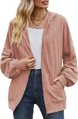 Produktbild von ASKSA Damen Kapuzenjacke Sweatshirt mit Reissverschlus Einfarbig Zip Hoodie Oversize Sweatjacke, Rosa, XL