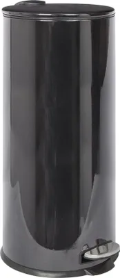 A black stainless steel trash can with a foot pedal.