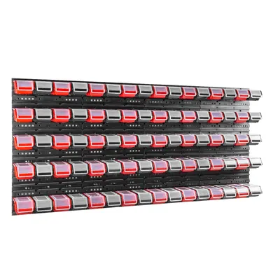 A wall-mounted storage system with multiple red and gray bins.