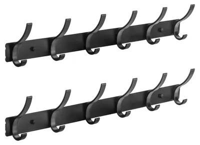 Productafbeelding van Set van 2 zwarte kledinghaken – Wandhaken met 12 haken, garderobestandaard voor slaapkamer, badkamer, keuken, hakenlijst voor jassen, mantels, hoeden, sjaals en handdoeken