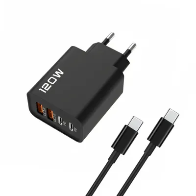 Produktbild von 120W USB-C Schnellladegerät Schwarz mit 2m USB-C Ladekabel (60W) – 4-Port Schnellladeadapter (2× USB-C, 2× USB-A) für Smartphone, Tablet & mehr