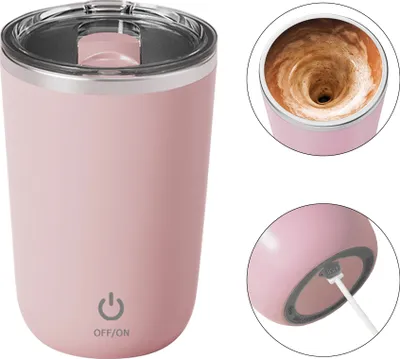 Obrázek produktu pro 350 ml samomíchací šálek, dobíjecí neaxiální magnetický šálek na míchání kávy s víčkem, vnitřní výstelka z nerezové oceli 304, vodotěsný, automatický šálek na míchání kávy, čaje, mléka a kokosu, do kanceláře, školy, tělocvičny