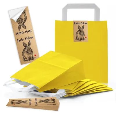 Produktbild von Logbuch-Verlag 10 gelbe Geschenktüten 18 x 8 x 22 cm + bunte Geschenkaufkleber Geschenkverpackung Mitgebsel Partytüte Kindergeburtstag Geburtstag Ostern Osternestvintage Hase Herz rot / 25 Stück