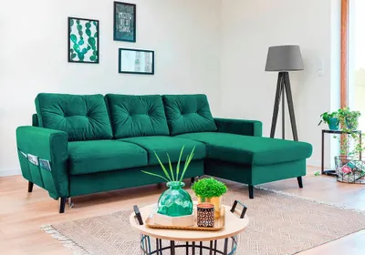 Produktbild von MIUFORM Lars Velours - Ecksofa mit Bettfunktion und Bettkasten - 223x148cm - Flaschengrün - L-Form Rechts - Schlafsofa Couch