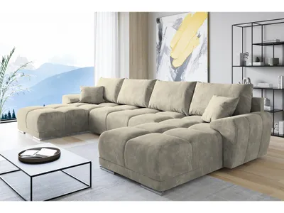 Produktbild von Easy Furniture U-FORM Velvet Ecksofa – Couch mit Stauraum und Kissen - Ausziehbares Schlafsofa – Sofa mit Schlaffunktion - Schlafsofa mit Bettkasten – Gästebett – 365 x 189 cm Farbe: Creme