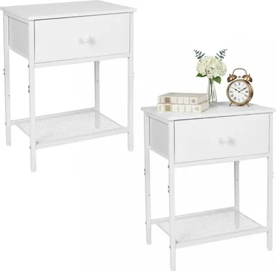Produktbild von Relaxdays Nachttisch 2er Set, Schublade & Ablage, HBT: 55x40x30 cm, modern, Holzoptik, Metall, Nachtschrank, weiß