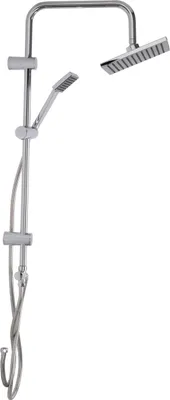 A chrome shower head set with a handheld shower head on a sliding bar, against a white background.