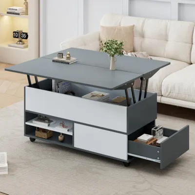 A modern living room with a couch and a lift-top coffee table.