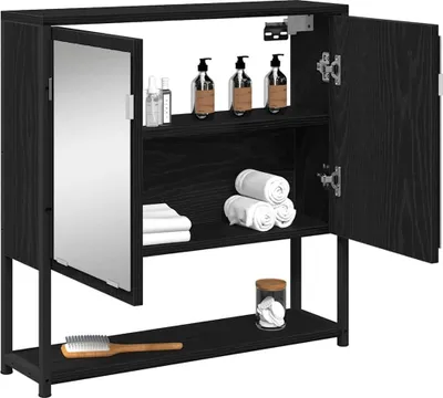 A black bathroom cabinet with a mirrored door and shelves, containing toiletries and towels.