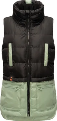 Produktbild von Marikoo Kiraraa Leichte Damen Steppweste mit Kapuze Vegan Weste ohne Ämel Damenweste Colorblock Smokey Mint - Schwarz Gr. 42 - XL