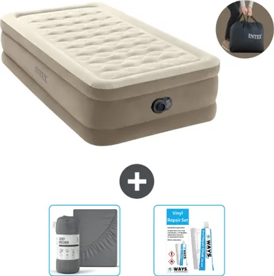 Obrázek produktu pro Vzduchová postel Intex - pro 1 osobu - 99 x 191 x 46 cm - béžová - včetně pumpy - prostěradla a opravné sady
