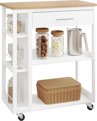 Obrázek produktu pro Mobilní vozík do kuchyně s pracovní deskou, zásuvkou a otevřenými policemi, na kolečkách | Bílá barva | 73 x 38 x 88 cm