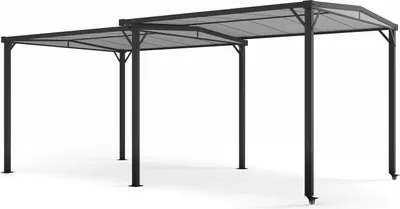 A freestanding pergola structure with a gray polycarbonate roof and black metal frame, shown against a white background.