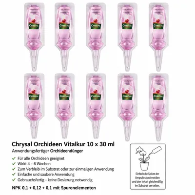 Produktbild von Chrysal Orchideen Vitalkur anwendungsfertiger Orchideendünger Blütenzauber Dünger 10x 30 ml, KI-generiertes Bild