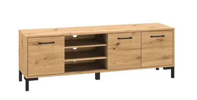 A wooden TV stand with black legs against a white background.