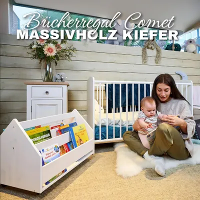 Produktbild von Bücherregal COMET aus massivem Kiefernholz in Weiß, fahrbar auf Rollen, Kinderzimmer