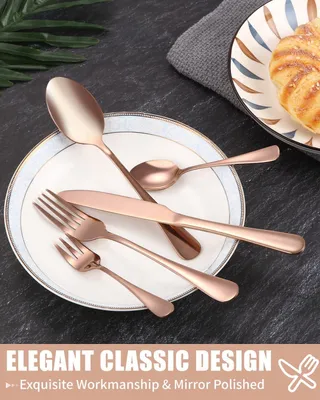 Image de Service de couverts 60 pièces, pour 12 personnes, finition dorée, compatible lave-vaisselle, idéal pour les fêtes