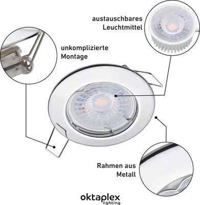 Produktbild von Oktaplex 9er Set LED Einbaustrahler flach Sedan 1,9W 3000K Warmweiß 345lm 230V Chrom Mini Einbauspot Lochmaß 60mm