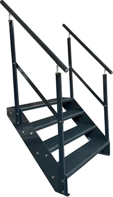 Produktbild von Gitterrost Stahl Wangentreppe 4 Stufen Verzinkt & Anthrazit Pulverlackiert + beidseitigem Geländer - (L x B x H) 82cm x 140cm x 76cm