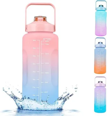 Produktbild von Famanu Trinkflasche 2 Liter mit Zeitmarkierungen und Strohhalm - BPA-frei, lekfrei