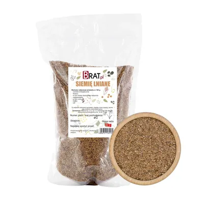 A bag of flax seeds next to a wooden bowl filled with flax seeds.