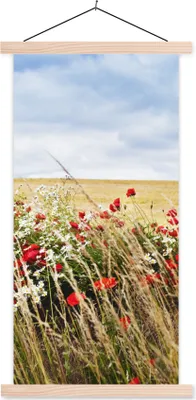 Produktbild von MuchoWow® Textilposter Wolken - Blumen - Rot 40x80 cm mit holzfarbenen Rahmen - Wohnzimmer