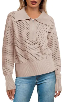 Produktbild von Sommerlicher Häkelpullover für Damen,langärmeliger Pullover mit Lochmuster,halber Reißverschluss am Kragen,Damenoberbekleidung