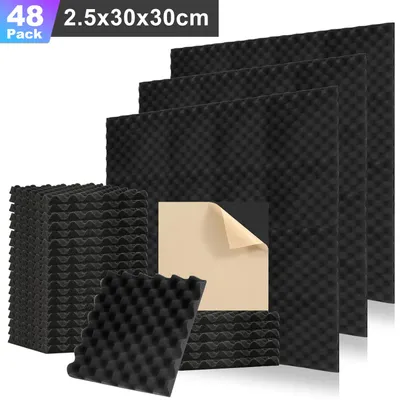 Produktbild von Vigevee 48 Stück Akustikschaumstoff Akustikschaum Matten 30 x 30 x 2.5cm Schalldämmmatten zur effektiven Schaumstoff Fliesen Wellenprofil Schwarz