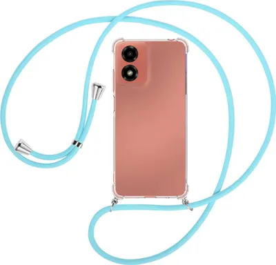 Produktbild von Handykette Backcover-Schutzhülle mit Band (Metall silberfarben) für Motorola Moto G04 / G04s - himmelblau