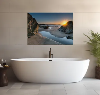 Produktbild von Wallario wasserfestes Poster selbstklebend 70 x 100 cm, Sonnenuntergang hinter einem Felsen am Strand, Badezimmerposter Spritzschutz mit Hochglanzoberfläche in Glasoptik