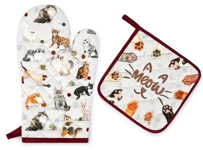 Produktbild von Ofenhandschuh und Topflappen 2er-Set Baumwolle Katze Motiv hitzebeständig