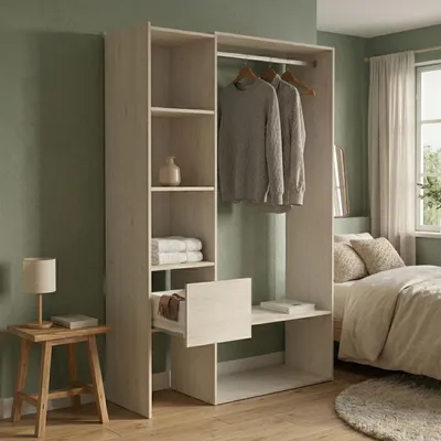 Produktbild von Großer Kleiderschrank Tsuruhime, Schlafzimmermöbel, Schrank, Garderobe, 119x40 h183 cm, Eiche