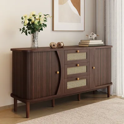 Produktbild von MODFU Kommode Sideboard mit 3 Schubladen und 2 Schiebetüren, Schrank Buffet Rattanschrank für Wohnzimmer, Schlafzimmer, Kinderzimmer, Jugendzimmer und Büro, Holzfarbe